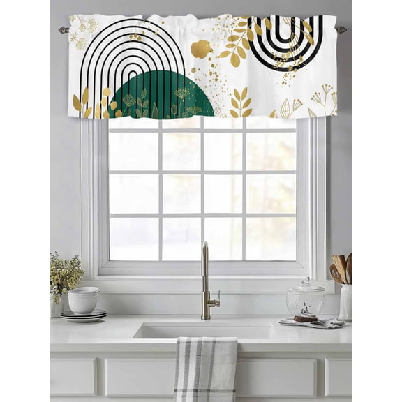Curtain Valance for Windows,Boho Arch Black Stripes Abstract Leaf Kitchen Valances Rod Pocket Short Curtains,Dark Green Color Block on White Window Treatment Panel for Bedroom Bathroom 42"x12"