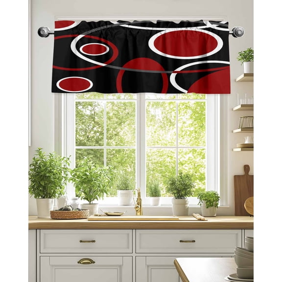 Curtain Valance for Windows,Burgundy Red Color Block Kitchen Valances Rod Pocket Short Curtains,Abstract Geometric Black Stripe Window Treatment Panel for Bedroom Bathroom 54"x18"