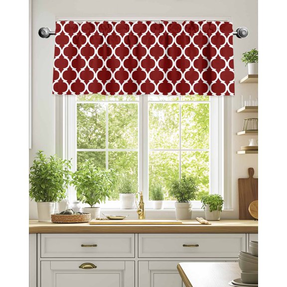 Curtain Valance for Windows,Burgundy Red Moroccan Stripe Kitchen Valances Rod Pocket Short Curtains,Abstract Geometric Buffalo Plaid Window Treatment Panel for Bedroom Bathroom 54"x18"