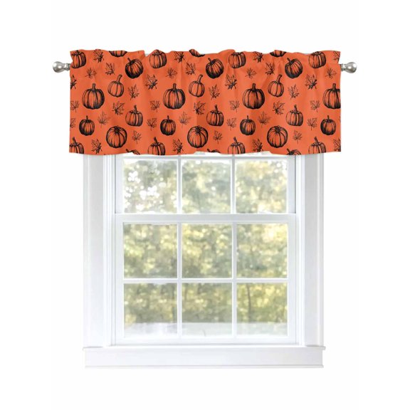 Curtain Valance for Windows,Burnt Orange Pumpkin Fall Thanksgiving Kitchen Valances Rod Pocket Short Curtains,Retro Maple Leaves Window Treatment Panel for Bedroom Living Room Bathroom 42"x12"