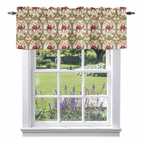 Curtain Valance for Windows, Camel Date Coconut Trees Ropes Kitchen Valances Rod Pocket Short Curtains, Vintage Animal Plant Window Valance for Bedroom Bathroom Living room 42x12in