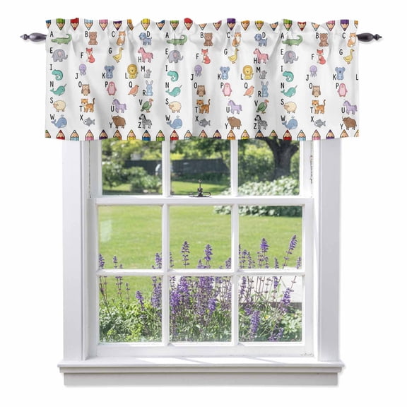 Curtain Valance for Windows, Cartoon Animal Cute Letter Kitchen Valances Rod Pocket Short Curtains, Colored Crayon Window Valance for Bedroom Bathroom Living room 42x12in