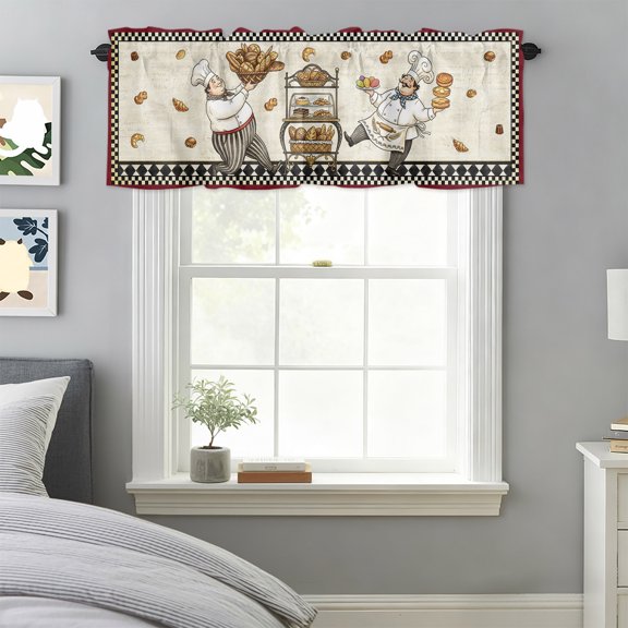 Curtain Valance for Windows, Cartoon Chef Buffalo Plaid Kitchen Valances Rod Pocket Short Curtains, Pastry Cart Italian Bistro Window Valance for Bedroom Bathroom Living room 42x18in