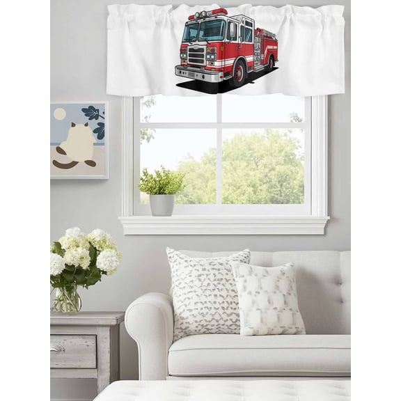 Curtain Valance for Windows,Cartoon Fire Truck Red Grey Car Kitchen Valances Rod Pocket Short Curtains,Patriotic Firefighter Trucks on White Window Treatment Panel for Bedroom Bathroom 60"x18"