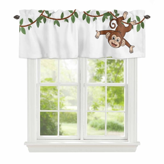 Curtain Valance for Windows, Cartoon Funny Monkey Green Leaves on White Kitchen Valances Rod Pocket Short Curtains, Country Vine Window Valance for Bedroom Bathroom Living room 42x12in