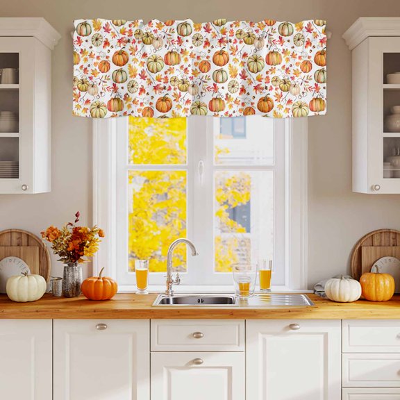 Curtain Valance for Windows, Cartoon Pumpkin Fallen Leaves Kitchen Valances Rod Pocket Short Curtains 54x18in, Thanksgiving Maple Leaves Window Valance for Bedroom Bathroom Living room