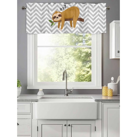 Curtain Valance for Windows,Cartoon Sloth Tree Branch Kitchen Valances Rod Pocket Short Curtains,Gray Chevron Stripe Animal Window Treatment Panel for Bedroom Bathroom 42x12in