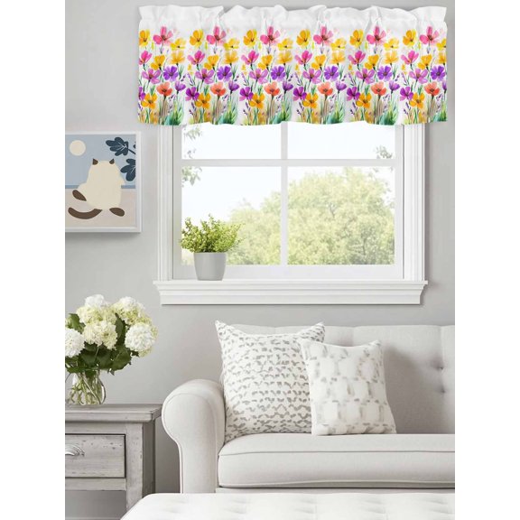 Curtain Valance for Windows,Cartoon Watercolor Wild Flowers Kitchen Valances Rod Pocket Short Curtains,Pastoral Colorful Floral Window Treatment Panel for Bedroom Bathroom 60x18in