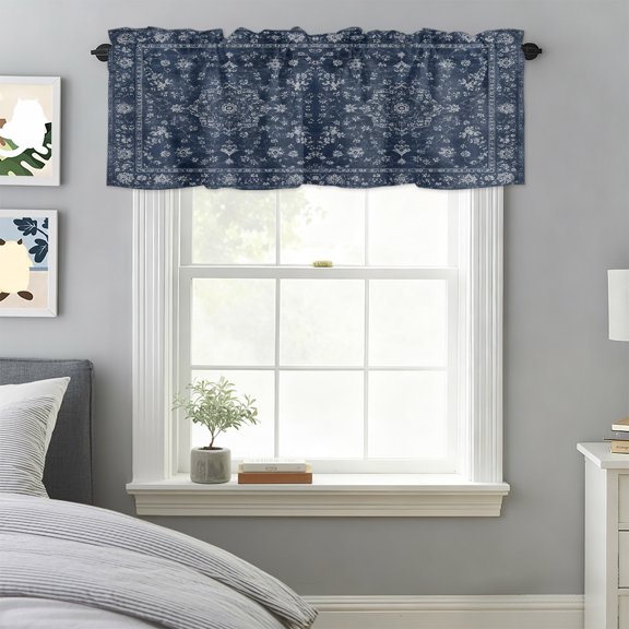 Curtain Valance for Windows, Central Floral Medallion Kitchen Valances Rod Pocket Short Curtains, Vintage Navy Blue Window Valance for Bedroom Bathroom Living room 42x18in