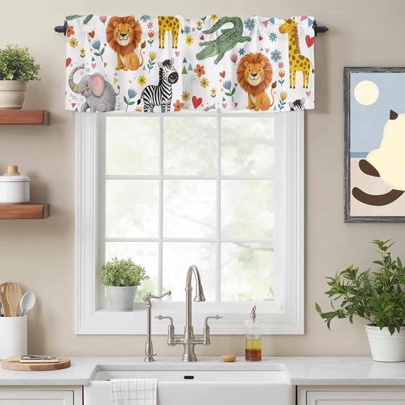 Curtain Valance for Windows, Children's Day Lion Elephant Kitchen Valances Rod Pocket Short Curtains, Giraffe Zebra Crocodile Window Valance for Bedroom Bathroom Living room 54x18in
