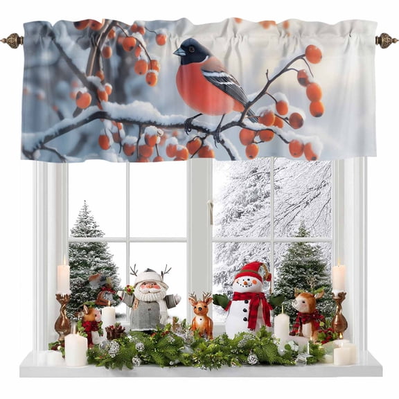 Curtain Valance for Windows,Christmas Bird Red Berry Branch Kitchen Valances Rod Pocket Short Curtains,Winter Snow Scene Window Treatment Panel for Bedroom Bathroom 54x18in