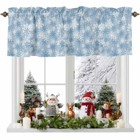 Curtain Valance for Windows,Christmas Blue Snowflake Seamless Kitchen Valances Rod Pocket Short Curtains,Winter Falling Snow Window Treatment Panel for Bedroom Bathroom 54x18in