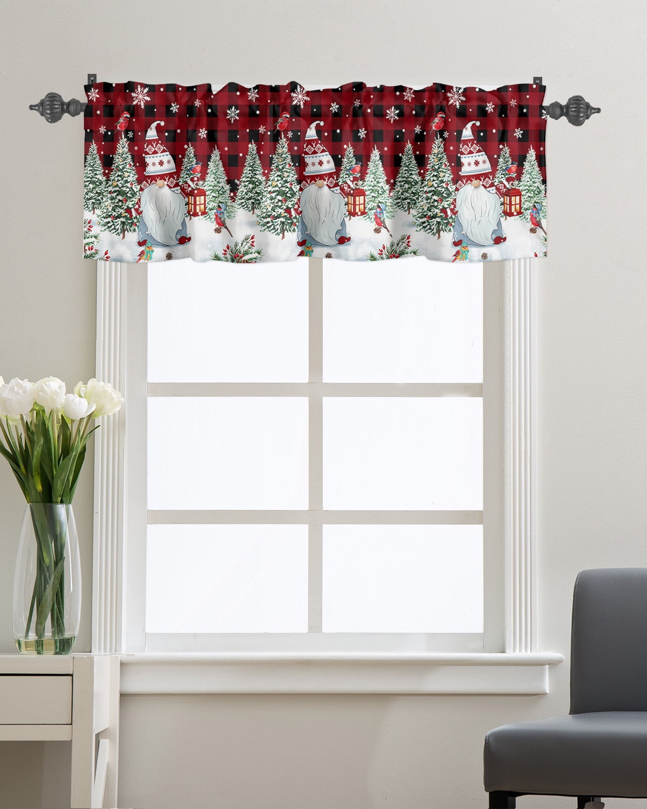 Curtain Valance for Windows Christmas Gnome Snow Tree Birds Kitchen
