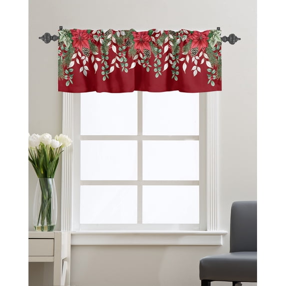 Curtain Valance for Windows Christmas Poinsettia Eucalyptus Leaves Burgundy Red Kitchen Valances Rod Pocket Short Curtains,Pine Cone Berry Window Treatment Panel for Living Room Bathroom 42x12in