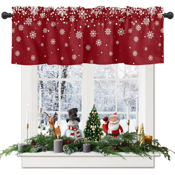 Curtain Valance for Windows Christmas Snowflake Red Back Kitchen Valances Rod Pocket Short Curtains,Winter Falling Snow Window Treatment Panel for Living Room Bathroom Bedroom 60x18in