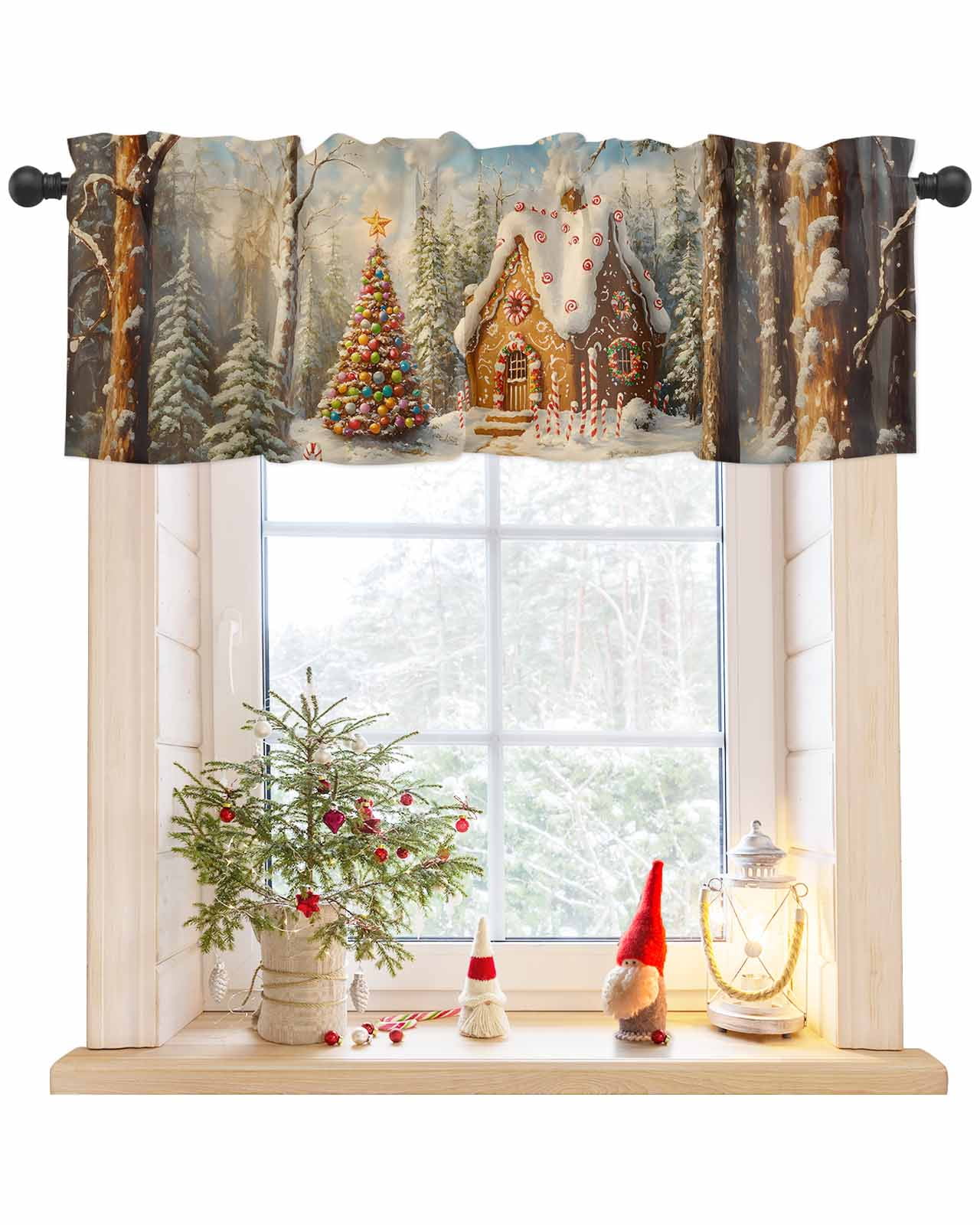 Curtain Valance for Windows Christmas Tree Candy Canes House Xmas Balls ...