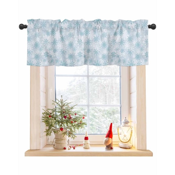 Curtain Valance for Windows Christmas Winter Snowflakes Seamless Blue Kitchen Valances Rod Pocket Short Curtains,Teal White Snowflake Window Treatment Panel for Living Room Bathroom Bedroom 60x18in