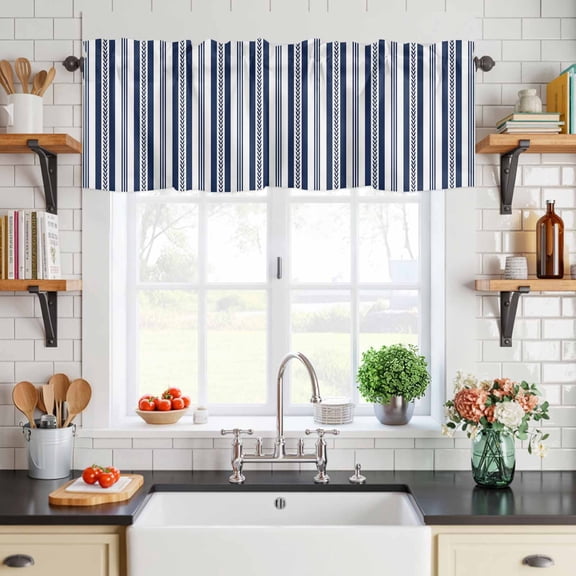 Curtain Valance for Windows Coastal Navy Blue Stripe Leaf Short Rod Pocket Kitchen Valances Blackout Curtains Nautical Line Minimalist Style Window Treatment for Living Room Bathroom Bedroom,54"x18"