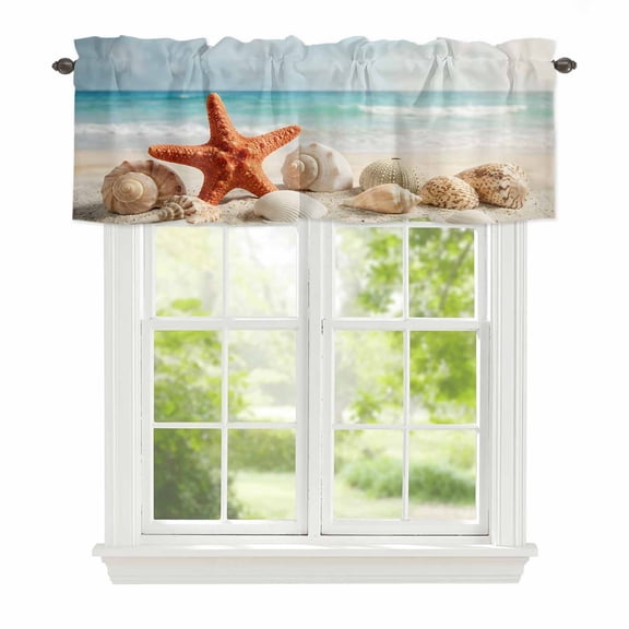 Curtain Valance for Windows, Coastal Sea Conch Shell Starfish Kitchen Valances Rod Pocket Short Curtains, Summer Beach Seaside Scenery Window Valance for Bedroom Bathroom Living room 42x12in