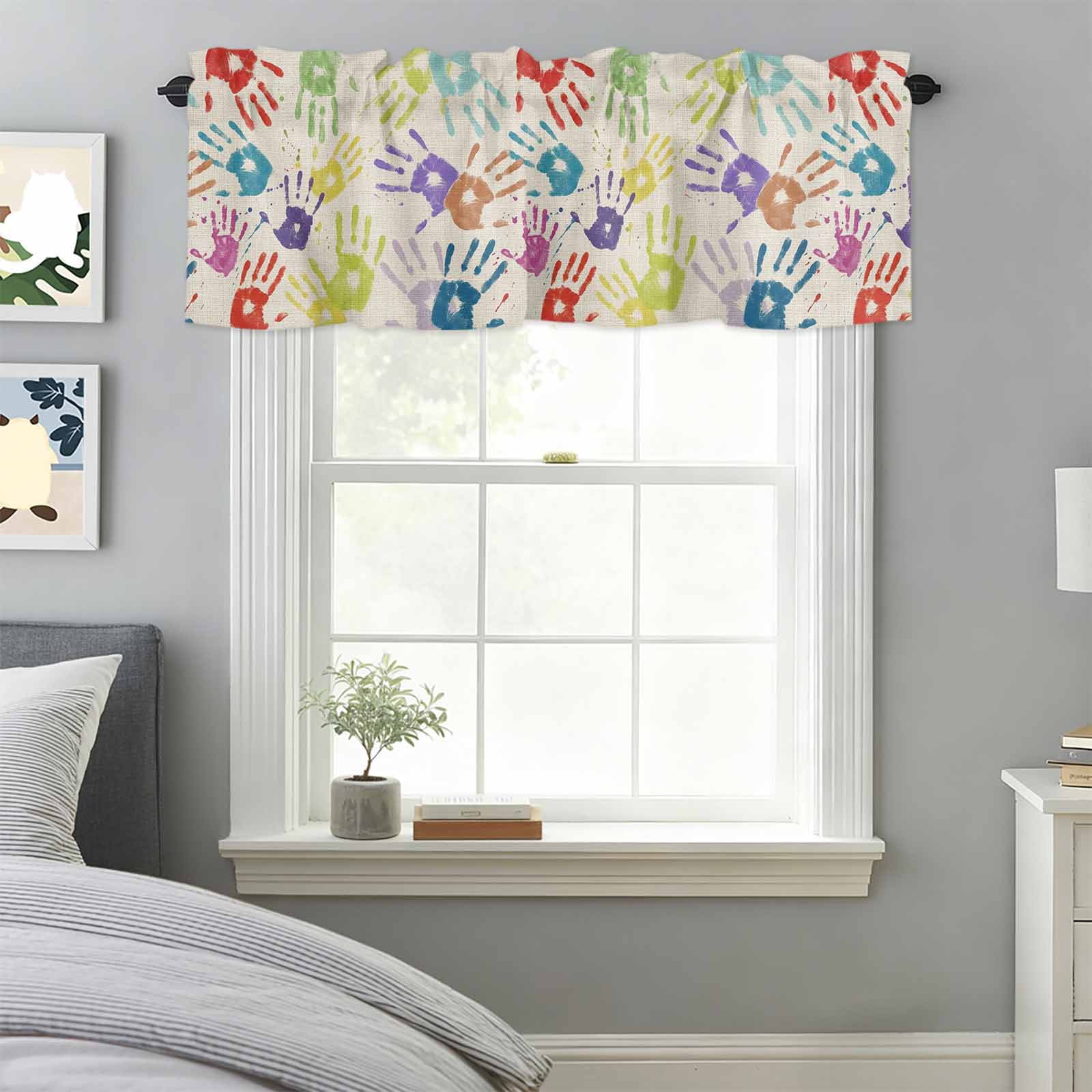 Curtain Valance for Windows, Colorful Handprints on Burlap Linen ...