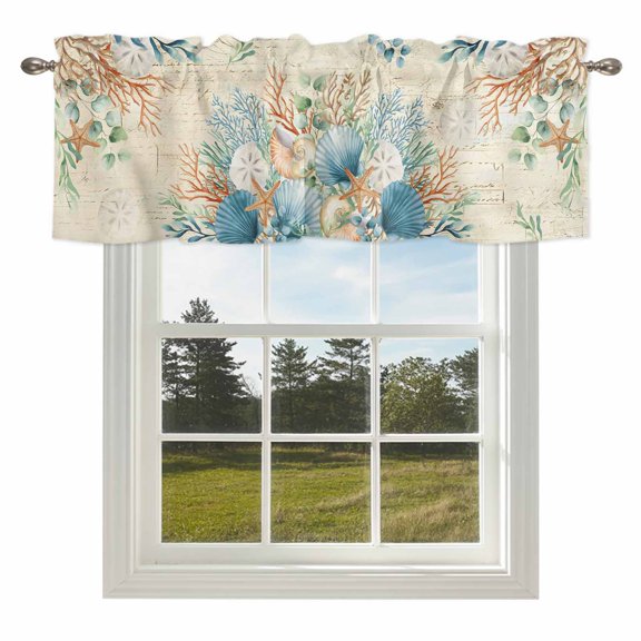 Curtain Valance for Windows Coral Seagrass Kitchen Curtain Valances Eucalyptus Leaves Starfish Shell Linen Valances Window Treatments Short Curtains for Kitchen Living Room Bedroom Decor 54x18 Inch