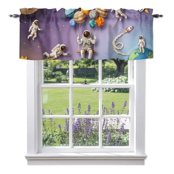 Curtain Valance for Windows, Cosmonaut Planet Balloon Space Shuttle Kitchen Valances Rod Pocket Short Curtains, Cartoon Outer Space Star Window Valance for Bedroom Bathroom Living room 42x12in