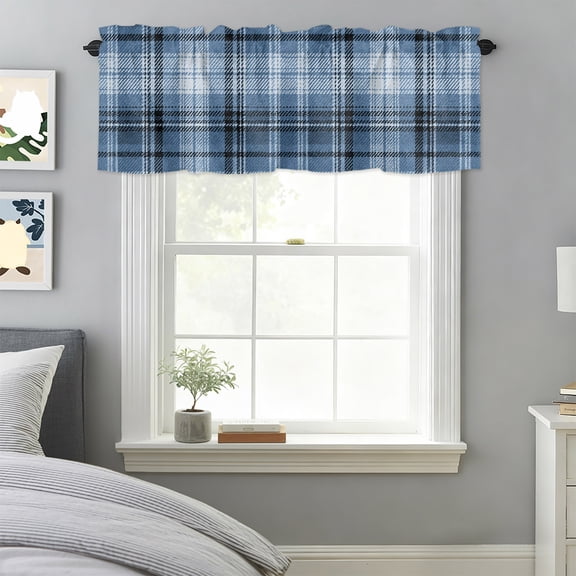 Curtain Valance for Windows, Country Linen Buffalo Plaid Kitchen Valances Rod Pocket Short Curtains, Vintage Navy Blue Check Line Window Valance for Bedroom Bathroom Living room 42x18in