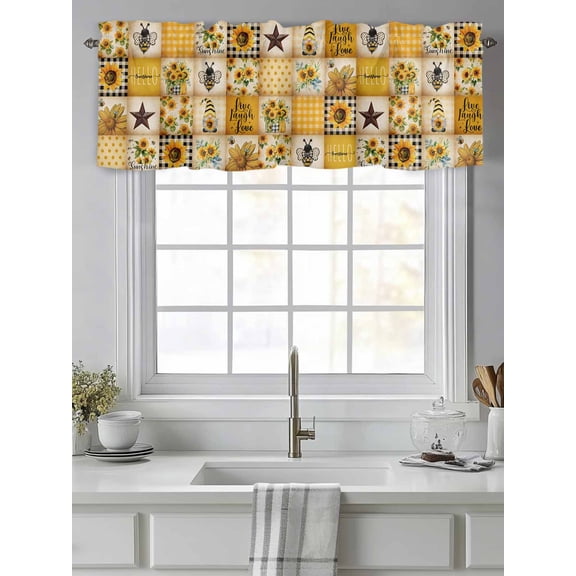 Curtain Valance for Windows,Country Star Bee Gnome Sunflower Kitchen Valances Rod Pocket Short Curtains,Farm Yellow Gingham Check Window Treatment Panel for Bedroom Bathroom 42"x12"