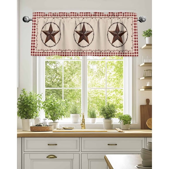 Curtain Valance for Windows,Country Star Red Plaid Kitchen Valances Rod Pocket Short Curtains,Western Texas Farm Style Window Treatment Panel for Bedroom Bathroom 54"x18"