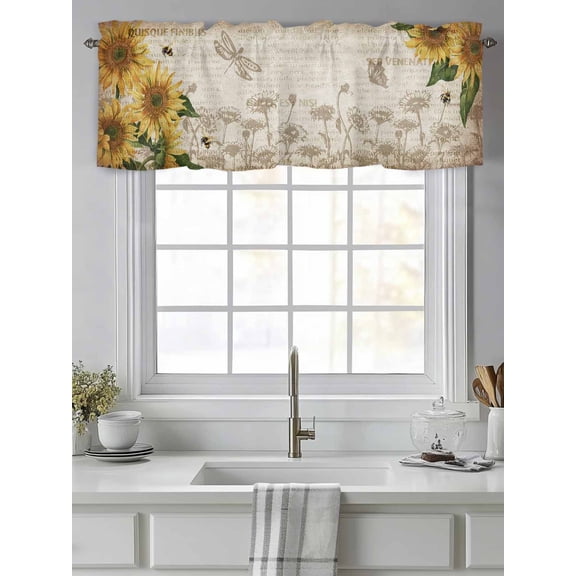 Curtain Valance for Windows,Country Sunflower Bee Butterfly Kitchen Valances Rod Pocket Short Curtains,Farm Vintage Old Newspaper Window Treatment Panel for Bedroom Bathroom 42"x12"