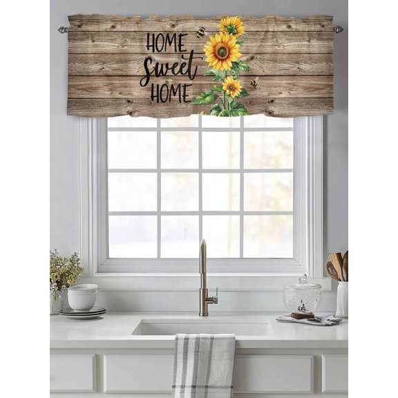 Curtain Valance for Windows,Country Sunflower Bee Green Plant Kitchen Valances Rod Pocket Short Curtains,Farm Retro Wood Board Window Treatment Panel for Bedroom Bathroom 42"x12"