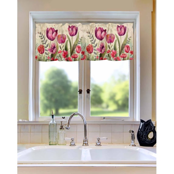 Curtain Valance for Windows Country Tulip Flowers Red Purple Kitchen Valances Rod Pocket Short Curtains,Pastoral Botanical Retro Linen Window Treatment Panel for Living Room Bathroom Bedroom 42x12in