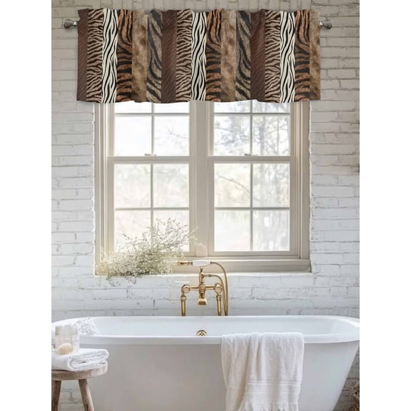 Curtain Valance for Windows, Country Zebra Texture Kitchen Valances Rod Pocket Short Curtains, Farmhouse Brown Animal Printed Window Valance for Bedroom Bathroom Living room 56x16in