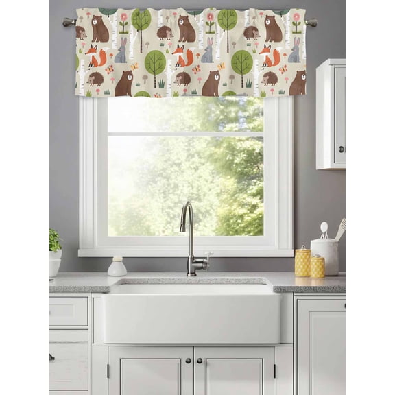 Curtain Valance for Windows,Cute Bear Hedgehog Fox Kitchen Valances Rod Pocket Short Curtains,Cartoon Tree Wild Flower Window Treatment Panel for Bedroom Bathroom 42x12in