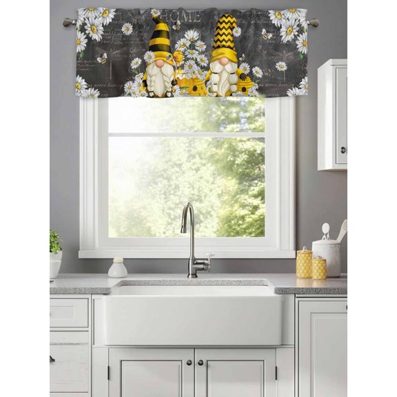 Curtain Valance for Windows,Cute Gnome White Daisy Floral Kitchen Valances Rod Pocket Short Curtains,Retro Letter Background Window Treatment Panel for Bedroom Bathroom 42x12in