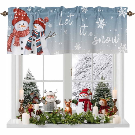 Curtain Valance for Windows,Cute Xmas Snowman Blue Gradient Kitchen Valances Rod Pocket Short Curtains,Winter Snowflakes Seamless Window Treatment Panel for Bedroom Bathroom 54x18in