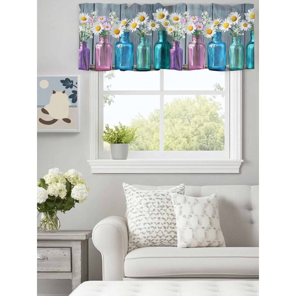 Curtain Valance for Windows,Daisy Flower Colorful Bottle on Vintage Kitchen Valances Rod Pocket Short Curtains,Blue Wood Grain Window Treatment Panel for Bedroom Bathroom 60x18in