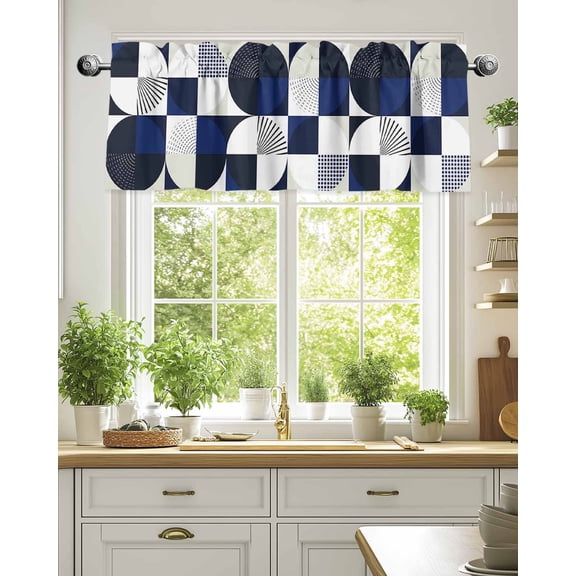 Curtain Valance for Windows,Dark Blue Circle Color Block Abstract Geometric Kitchen Valances Rod Pocket Short Curtains,Mid Century Style Window Treatment Panel for Bedroom Bathroom 42"x18"