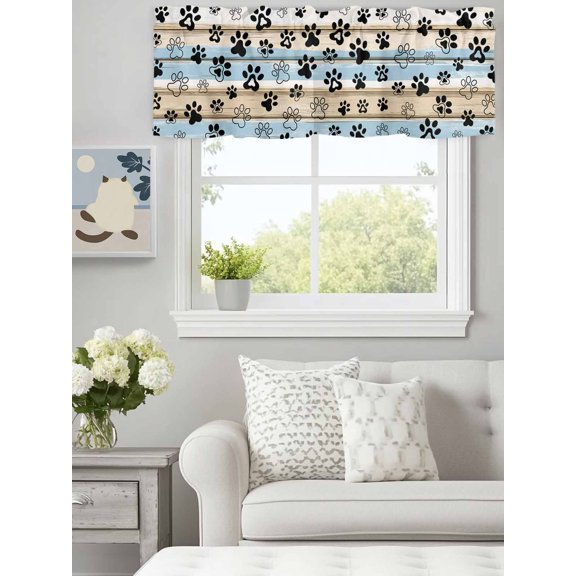 Curtain Valance for Windows,Dog Paw Print Pet Footprint Kitchen Valances Rod Pocket Short Curtains,Farm Blue Wood Board Window Treatment Panel for Bedroom Bathroom 60"x18"