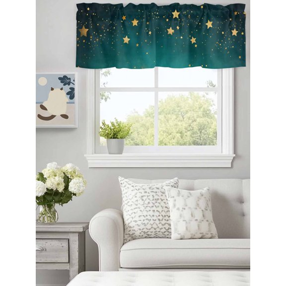 Curtain Valance for Windows, Dream Yellow Star on Teal Blue Kitchen Valances Rod Pocket Short Curtains, Night Starry Sky Window Valance for Bedroom Bathroom Living room 60x18in