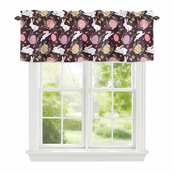 Curtain Valance for Windows, Easter Egg Bunny Country Herb Kitchen Valances Rod Pocket Short Curtains, Farmhouse Rabbit on Black Window Valance for Bedroom Bathroom Living room 42x12in