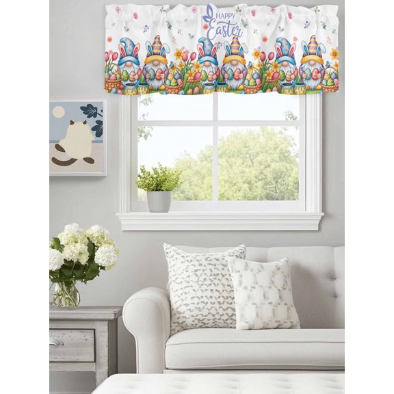 Curtain Valance for Windows, Easter Gnome Colorful Egg Kitchen Valances Rod Pocket Short Curtains, Spring Farmhouse Dwarf Flower Window Valance for Bedroom Bathroom Living room 60x14in