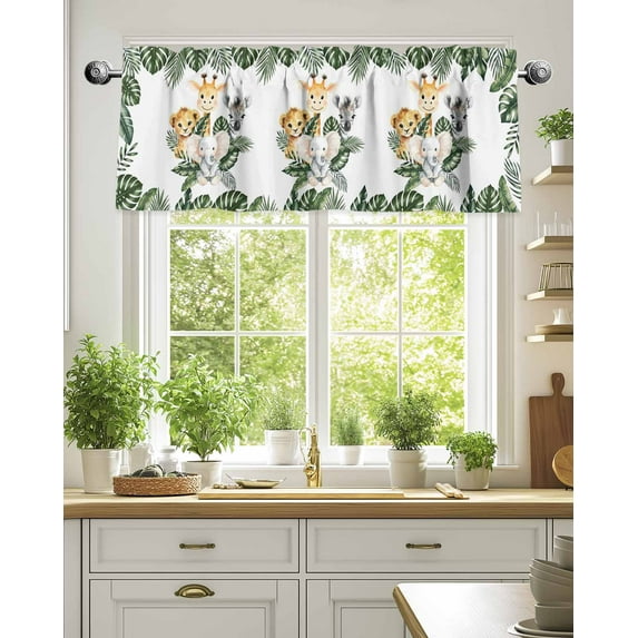 Curtain Valance for Windows,Elephant Tiger Giraffe Zebra Cartoon Animal Kitchen Valances Rod Pocket Short Curtains,Turtle Leaf Tropical Plant Window Treatment Panel for Bedroom Bathroom 54"x18"