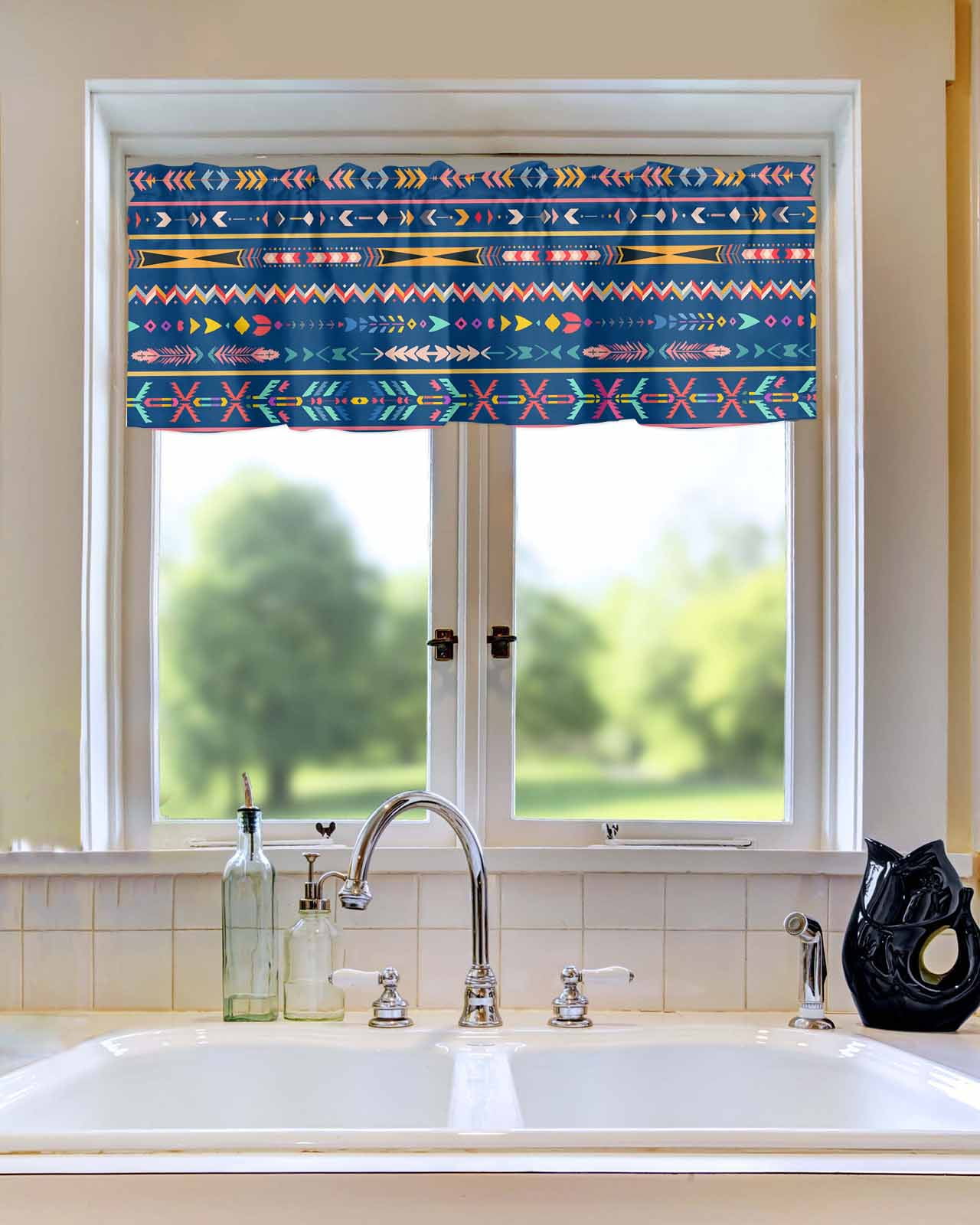 Curtain Valance for Windows Ethnic Tribal Pattern Dark Blue Kitchen