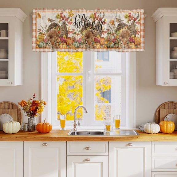 Curtain Valance for Windows, Fall Pumpkin Fruit Cornucopia Cute Squirrel on Linen Kitchen Valances Rod Pocket Short Curtains 42x12in, Thanksgiving Window Valance for Bedroom Bathroom Living room