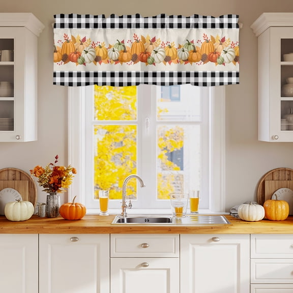 Curtain Valance for Windows, Fall Pumpkin Thanksgiving Black Plaid Kitchen Valances Rod Pocket Short Curtains 42x12in, Watercolor Maple Leaves Berry Window Valance for Bedroom Bathroom Living room