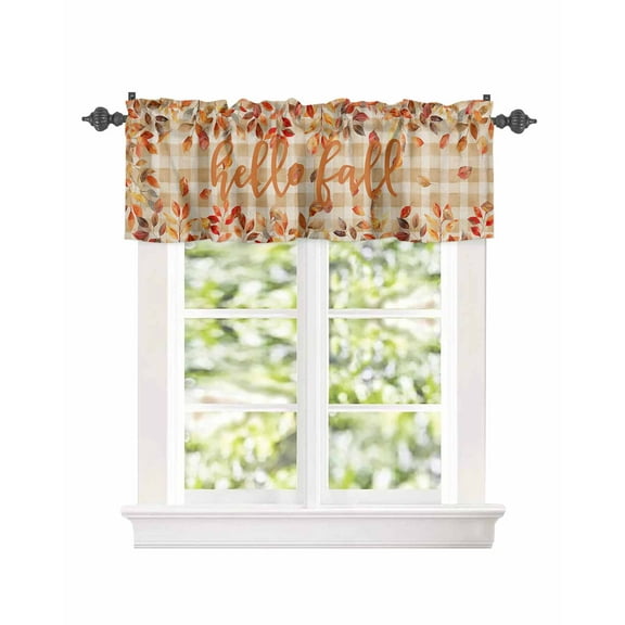 Curtain Valance for Windows Fall Thanksgiving Autumn Botanical Leaves Kitchen Valances Rod Pocket Short Curtains,Rustic Plaid Linen Window Treatment Panel for Living Room Bathroom Bedroom 54x18in