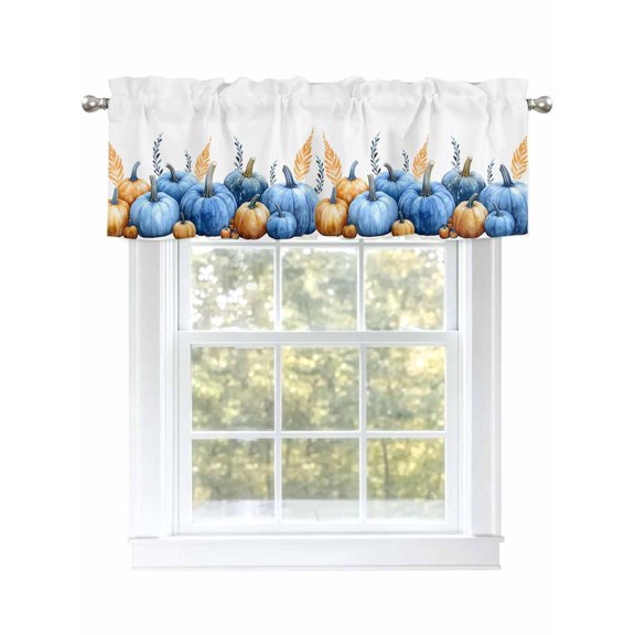 Curtain Valance for Windows,Fall Thanksgiving Blue Pumpkin Kitchen Valances Rod Pocket Short Curtains,Watercolor Maple Leaves Window Treatment Panel for Bedroom Living Room Bathroom 42"x12"