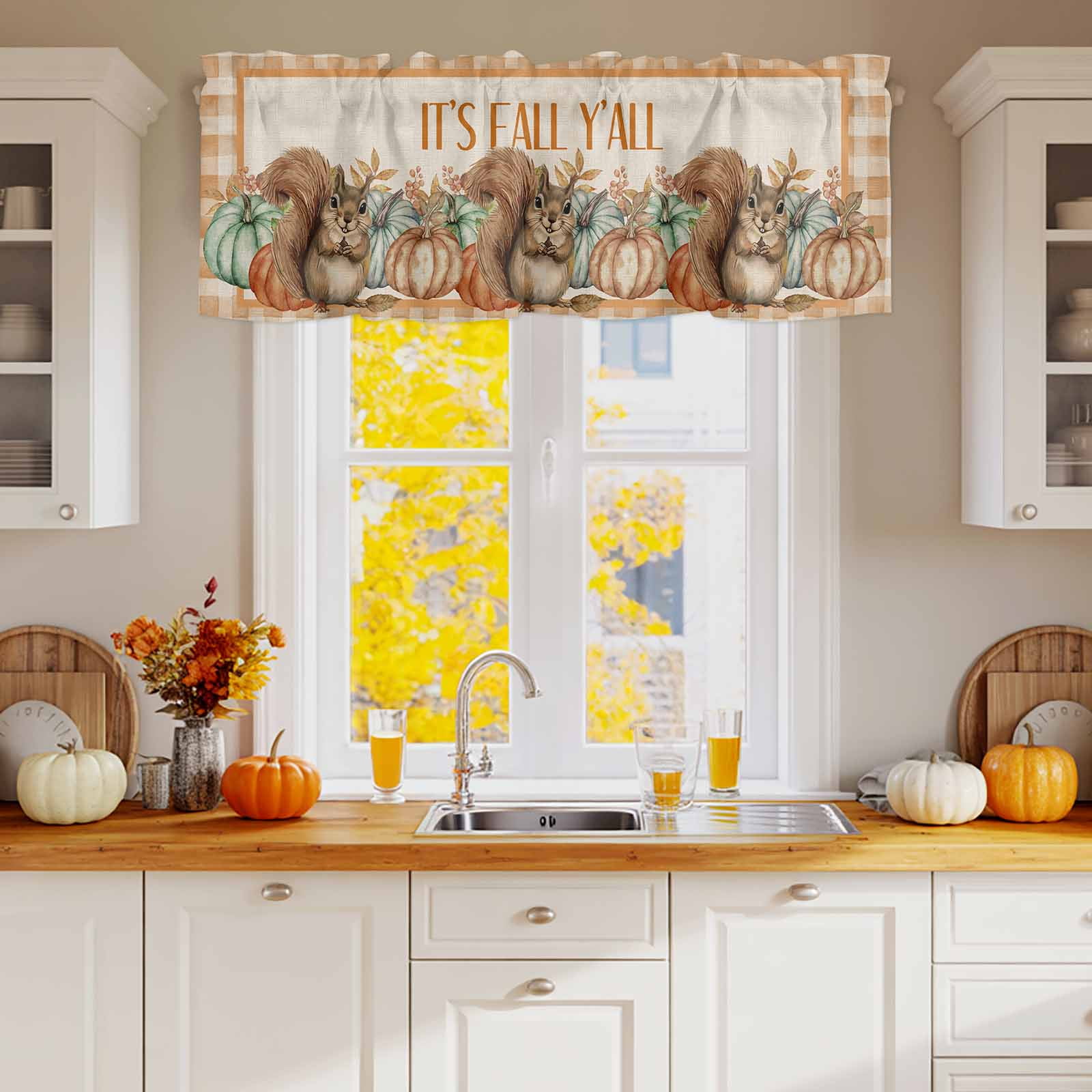 Fall Thanksgiving Curtain Valance – Orange Blue Pumpkin Bird Pattern, Rod Pocket 42x12 Inches, Polyester For Kitchen Living Room