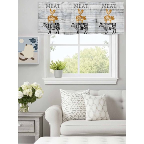 Curtain Valance for Windows, Farm Animal Meat Kitchen Valances Rod Pocket Short Curtains, Vintage Chicken Pork and Beef on Wood Board Window Valance for Bedroom Bathroom Living room 60x18in